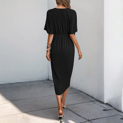 Twist Front Midi Dress with V-Neck and Raglan Sleeves