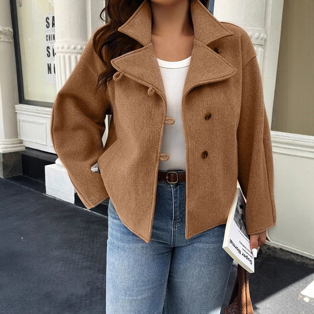 Loose Fit Wool-Look Jacket with Lapel Collar and Wide Sleeves