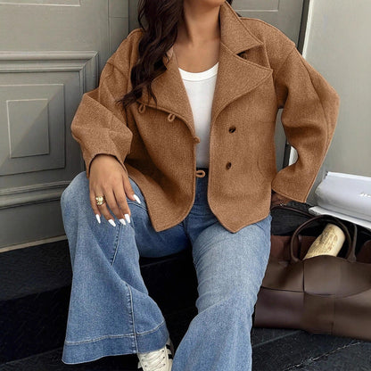 Loose Fit Wool-Look Jacket with Lapel Collar and Wide Sleeves