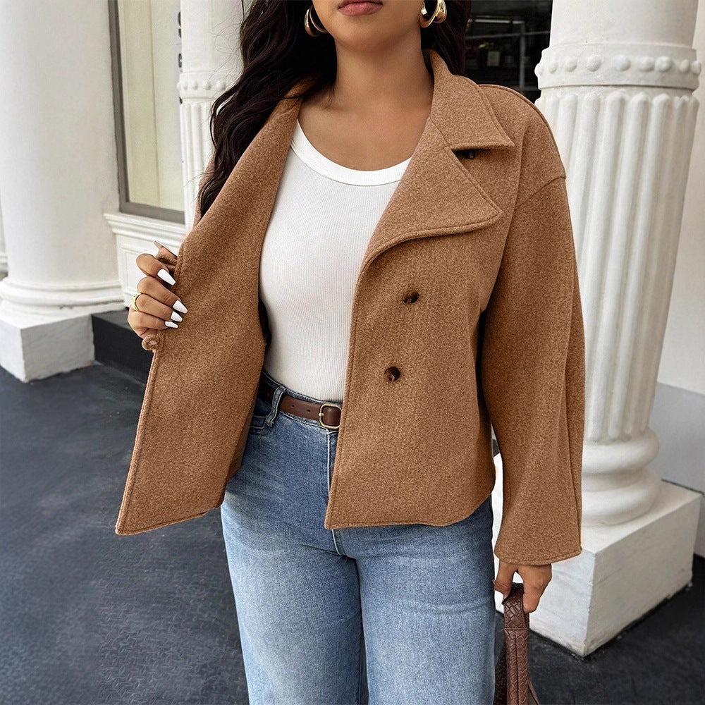 Loose Fit Wool-Look Jacket with Lapel Collar and Wide Sleeves