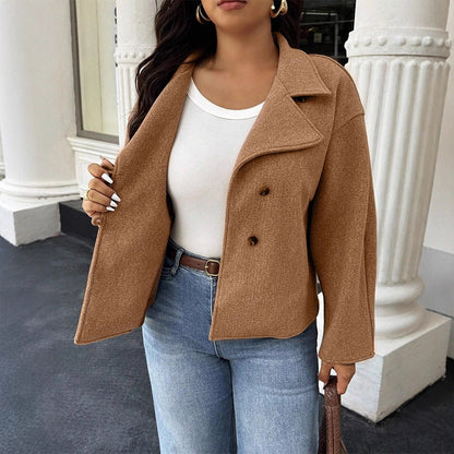 Loose Fit Wool-Look Jacket with Lapel Collar and Wide Sleeves