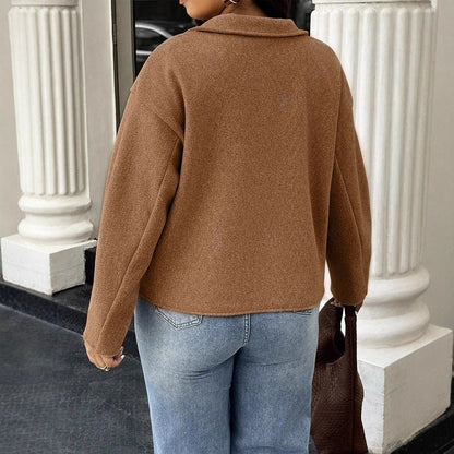 Loose Fit Wool-Look Jacket with Lapel Collar and Wide Sleeves