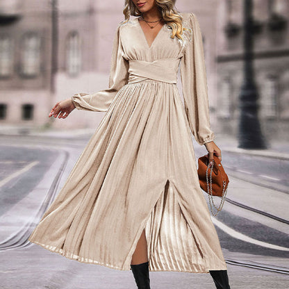 Pleated A-Line Maxi Dress with V-Neck and Crossover Waist