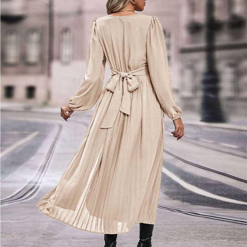 Pleated A-Line Maxi Dress with V-Neck and Crossover Waist