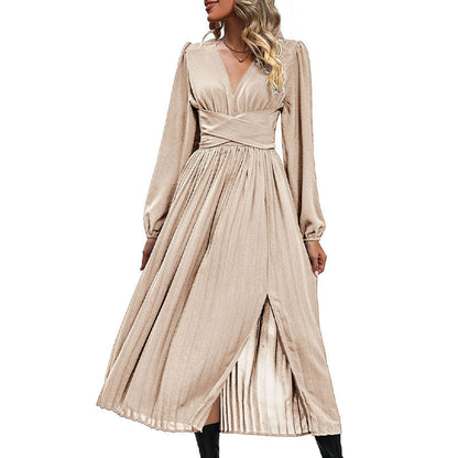 Pleated A-Line Maxi Dress with V-Neck and Crossover Waist