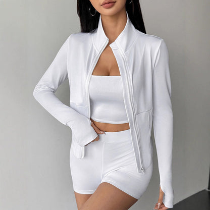Slim Fit Stand Collar Jacket with Corset Seams and Thumbholes