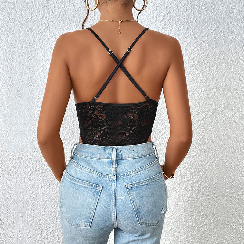 Lace V-Neck Bodysuit with Eyelash Trim and Strappy Back
