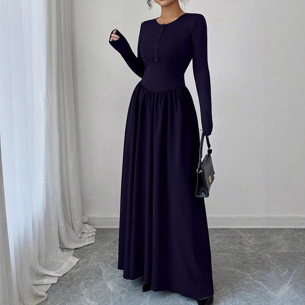 A-Line Maxi Dress with Henley Button Front and Long Sleeves