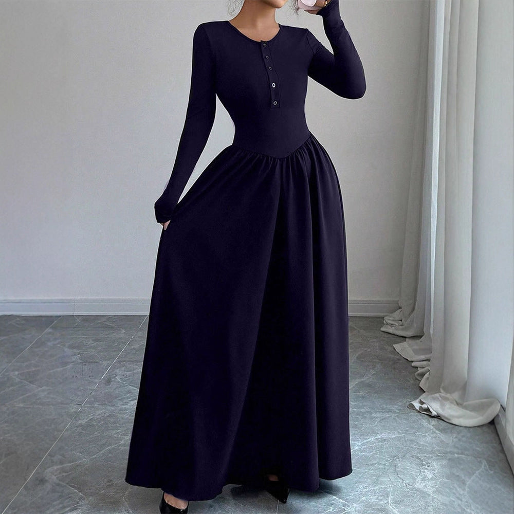 A-Line Maxi Dress with Henley Button Front and Long Sleeves