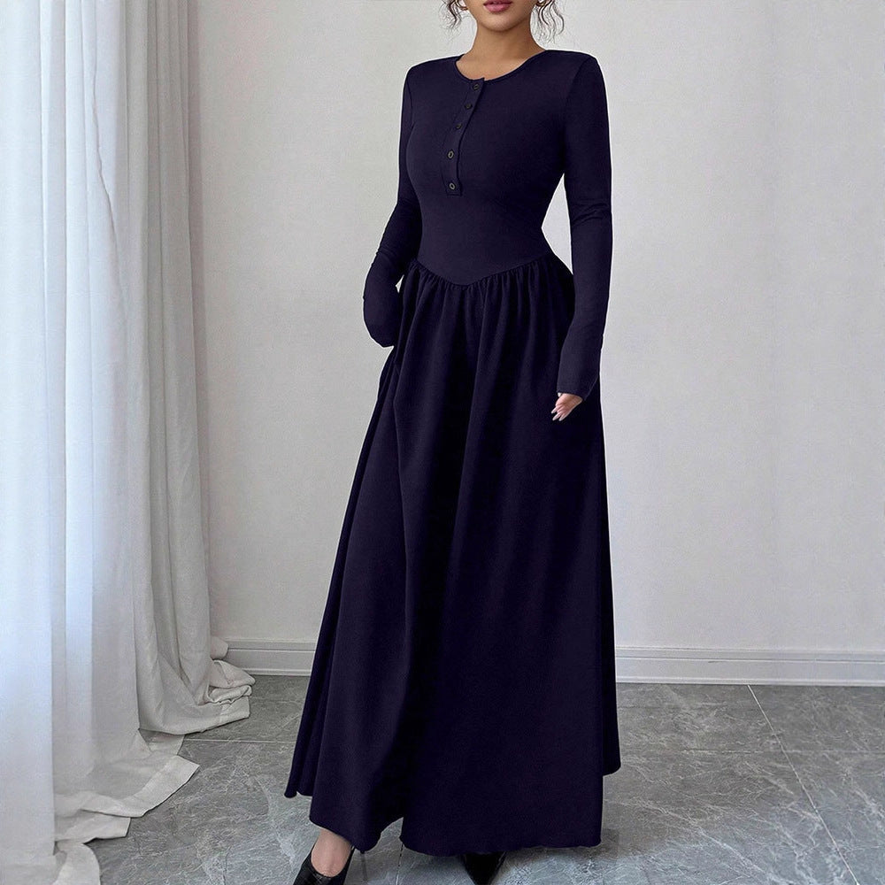 A-Line Maxi Dress with Henley Button Front and Long Sleeves