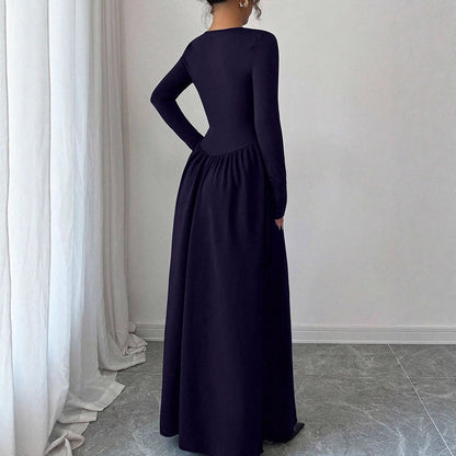 A-Line Maxi Dress with Henley Button Front and Long Sleeves