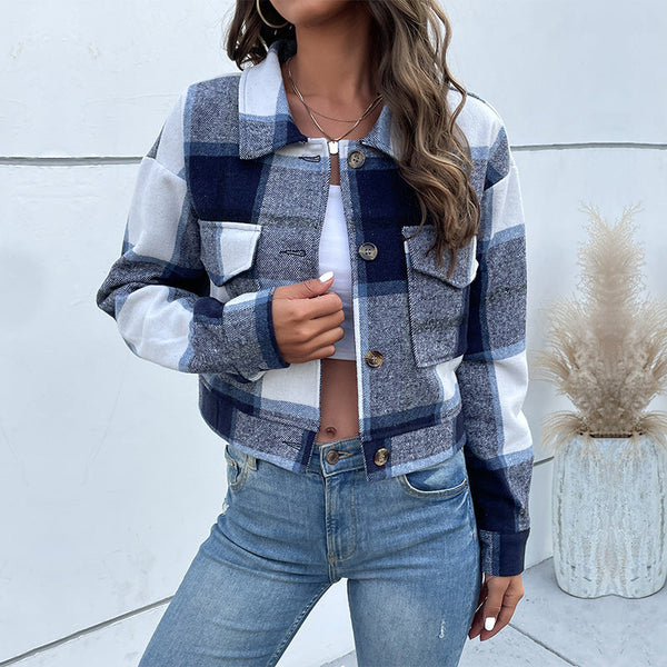 Cropped Plaid Button-Down Jacket with Chest Pockets