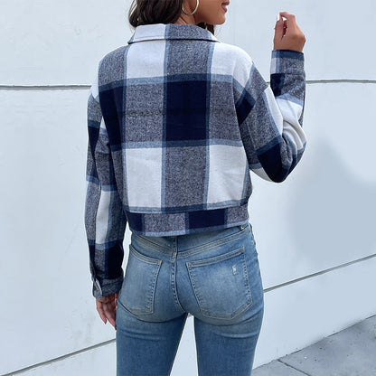 Cropped Plaid Button-Down Jacket with Chest Pockets