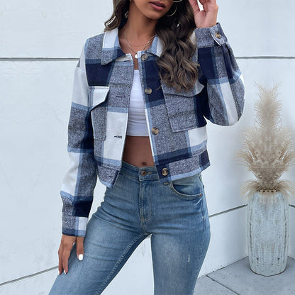 Cropped Plaid Button-Down Jacket with Chest Pockets