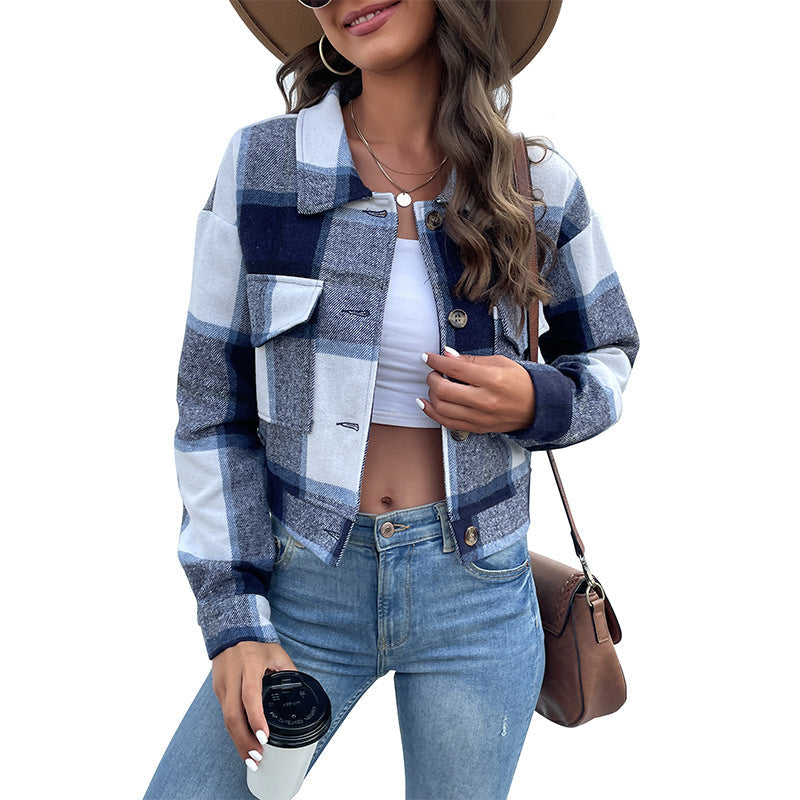 Cropped Plaid Button-Down Jacket with Chest Pockets
