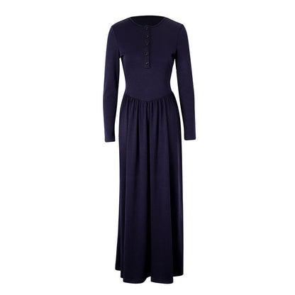 A-Line Maxi Dress with Henley Button Front and Long Sleeves