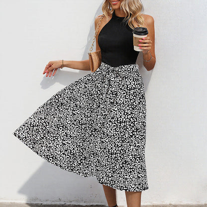 Leopard Print A-Line Midi Dress with Halter Neck