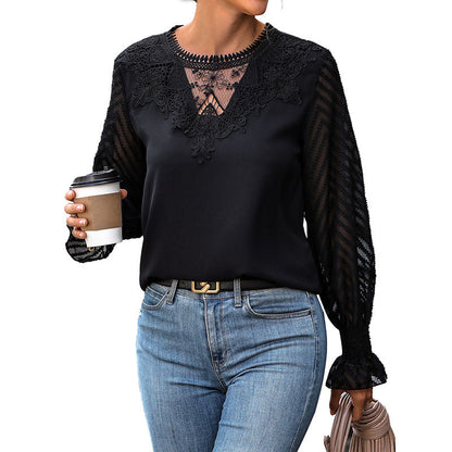 V-Neck Blouse with Lace Splicing and Sheer Flared Sleeves