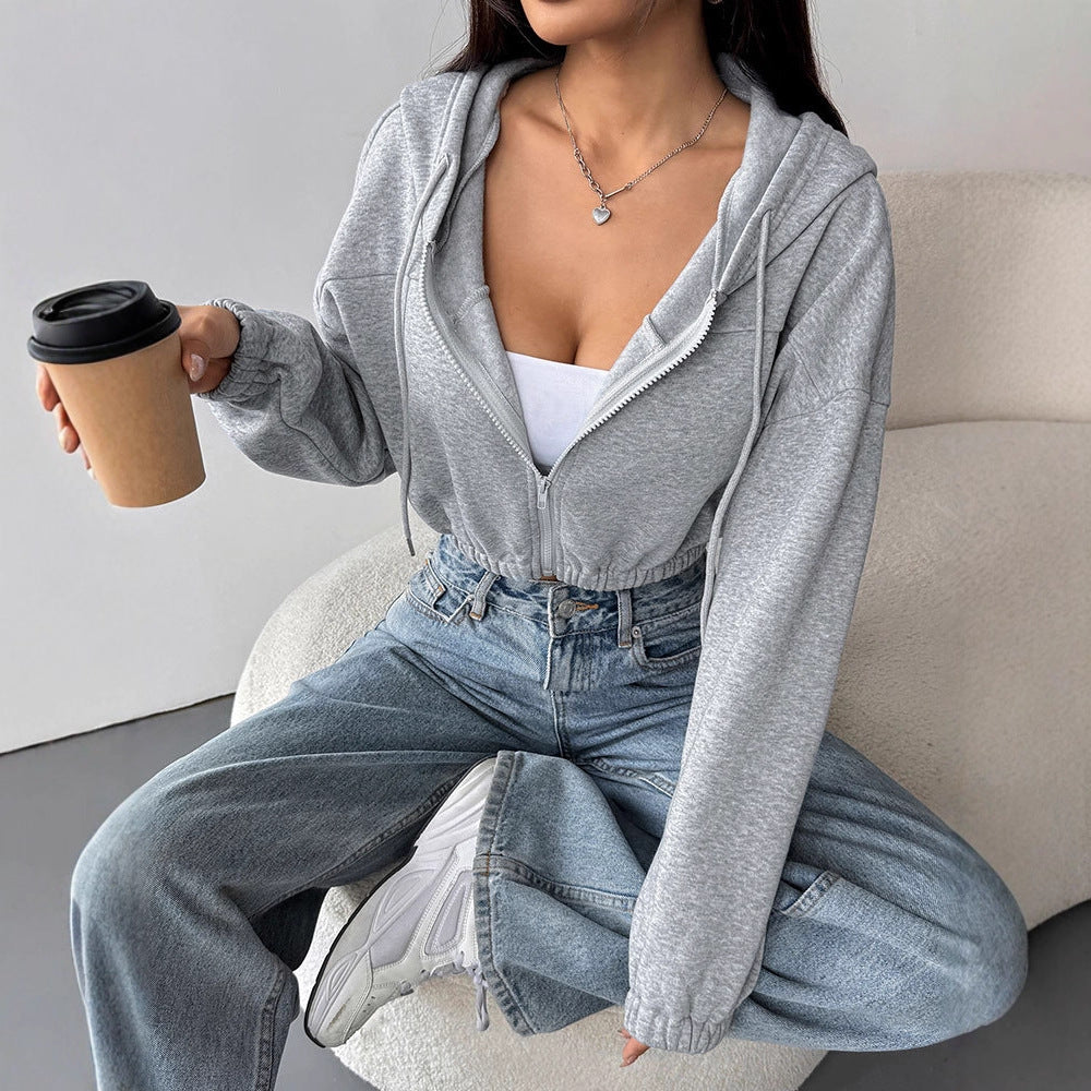 Slim Fit Cropped Zip-Up Hoodie with Elastic Hem