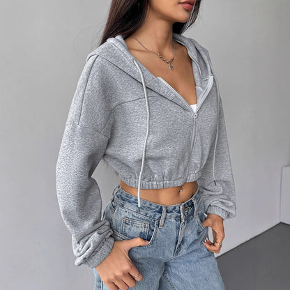 Slim Fit Cropped Zip-Up Hoodie with Elastic Hem
