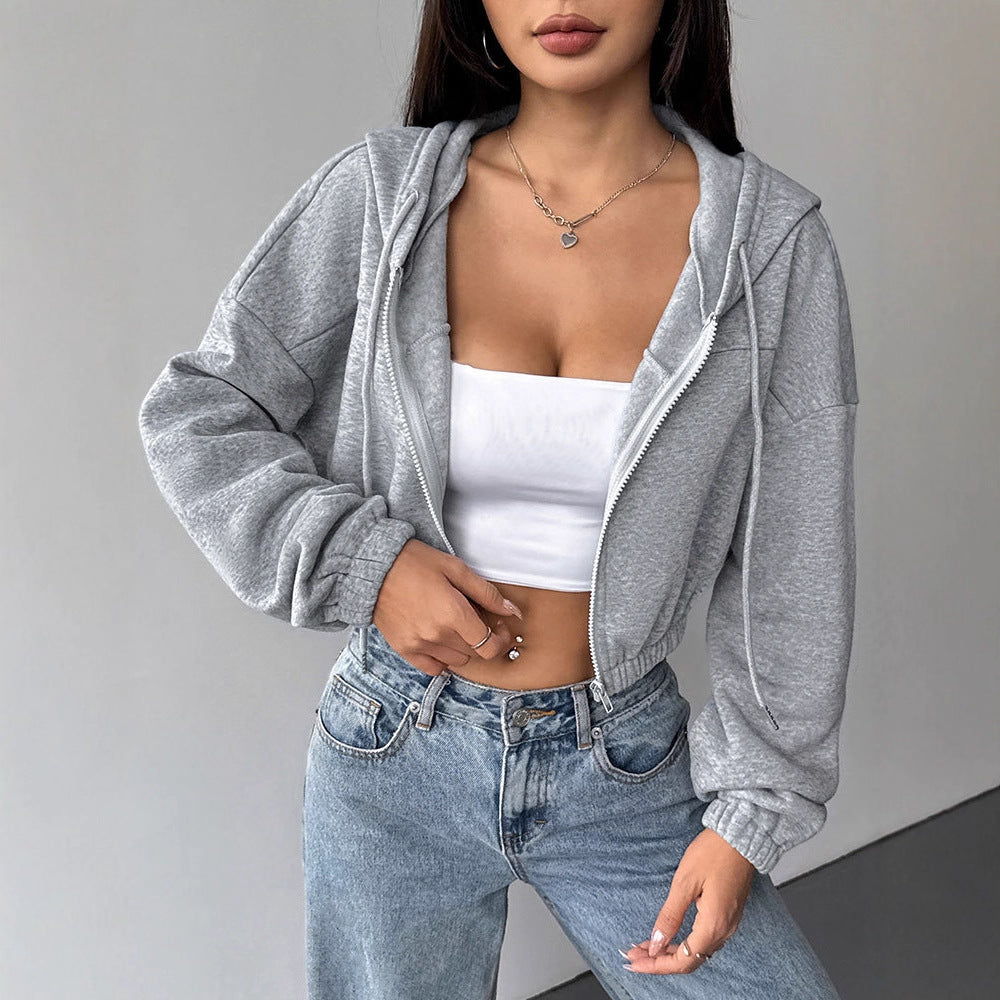 Slim Fit Cropped Zip-Up Hoodie with Elastic Hem