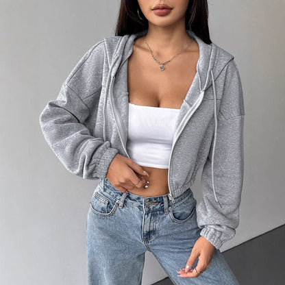 Slim Fit Cropped Zip-Up Hoodie with Elastic Hem