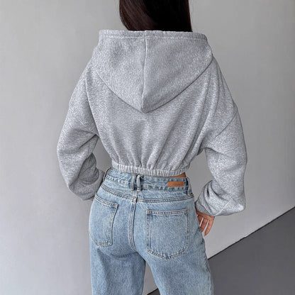Slim Fit Cropped Zip-Up Hoodie with Elastic Hem