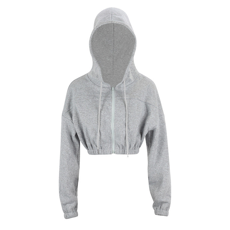 Slim Fit Cropped Zip-Up Hoodie with Elastic Hem