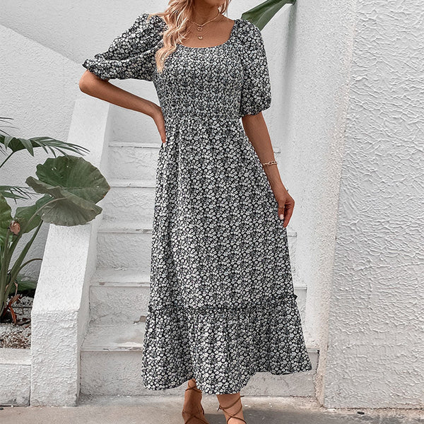 Floral A-Line Maxi Dress with Square Neck and Puff Sleeves
