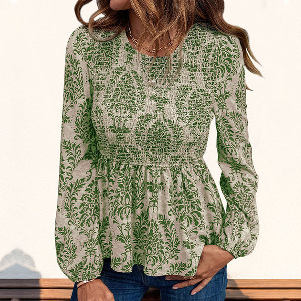Floral Print Smocked Peplum Top with Long Sleeves