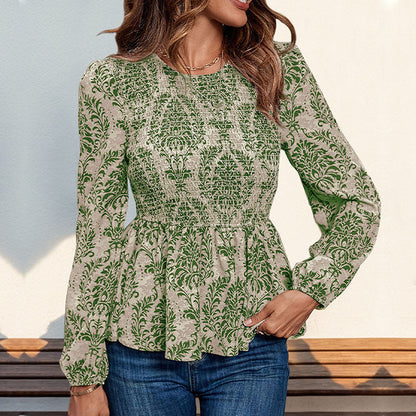 Floral Print Smocked Peplum Top with Long Sleeves