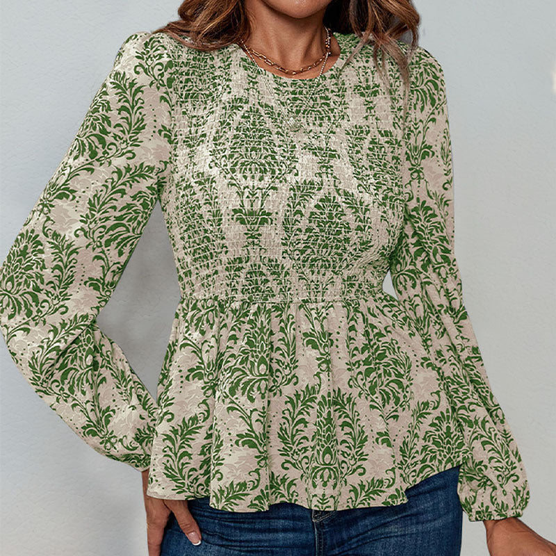 Floral Print Smocked Peplum Top with Long Sleeves