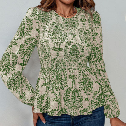 Floral Print Smocked Peplum Top with Long Sleeves