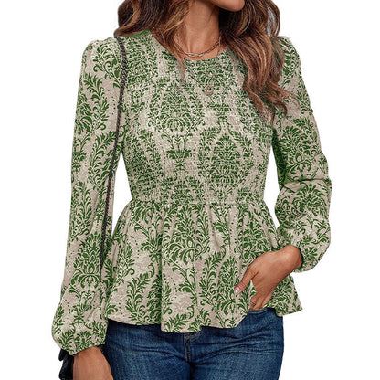 Floral Print Smocked Peplum Top with Long Sleeves