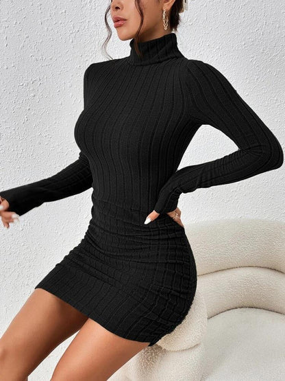 Ribbed Bodycon Mini Dress with High Neck and Long Sleeves