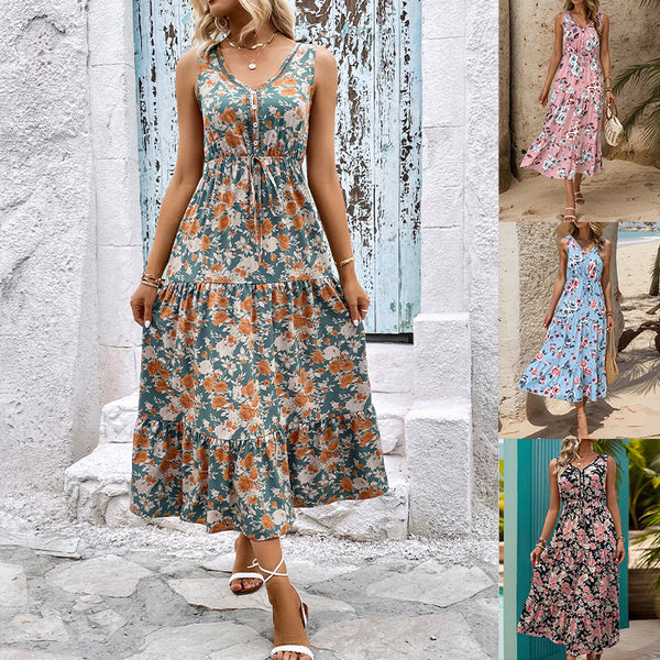 Floral Print A-Line Maxi Dress with V-Neck and Tiered Skirt