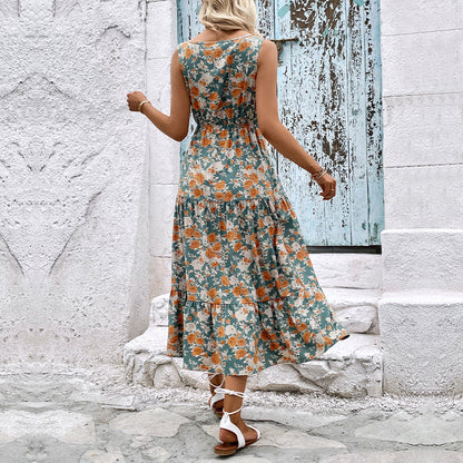 Floral Print A-Line Maxi Dress with V-Neck and Tiered Skirt