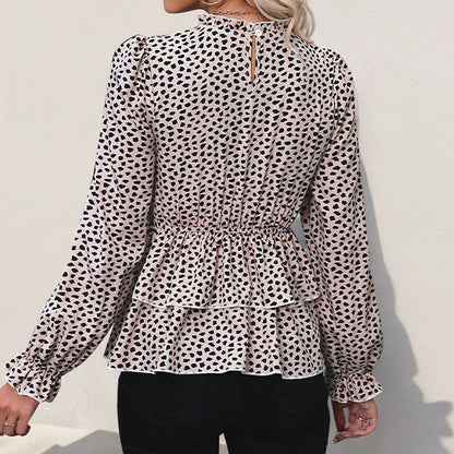 Leopard Print Mock Neck Blouse with Smocked Bodice and Peplum Hem