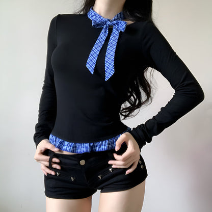 Slim Fit Long Sleeve Top with Plaid Bow Tie and Ruffle Hem