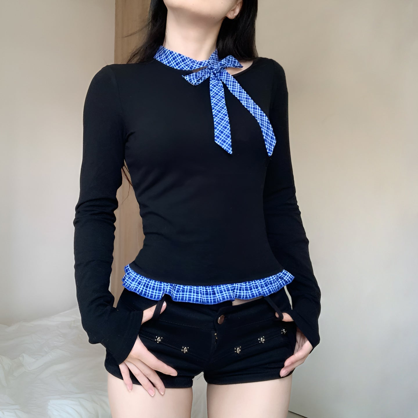 Slim Fit Long Sleeve Top with Plaid Bow Tie and Ruffle Hem