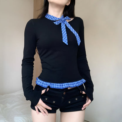 Slim Fit Long Sleeve Top with Plaid Bow Tie and Ruffle Hem
