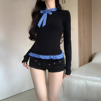 Slim Fit Long Sleeve Top with Plaid Bow Tie and Ruffle Hem