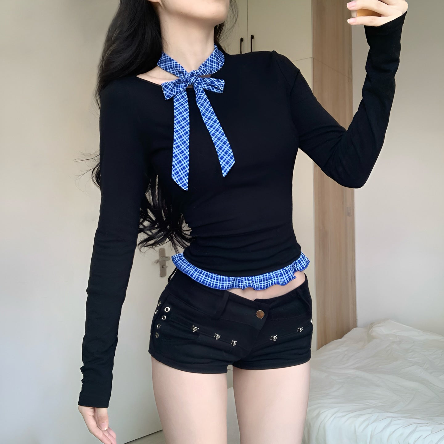 Slim Fit Long Sleeve Top with Plaid Bow Tie and Ruffle Hem