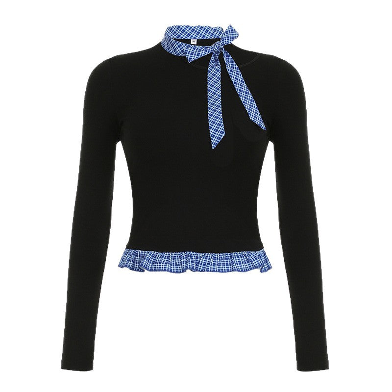 Slim Fit Long Sleeve Top with Plaid Bow Tie and Ruffle Hem