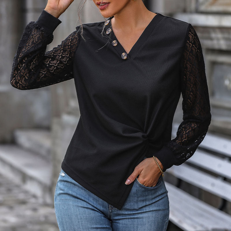 Twist-Front Knit Top with Lace Sleeves and Button Detail