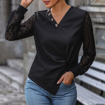 Twist-Front Knit Top with Lace Sleeves and Button Detail