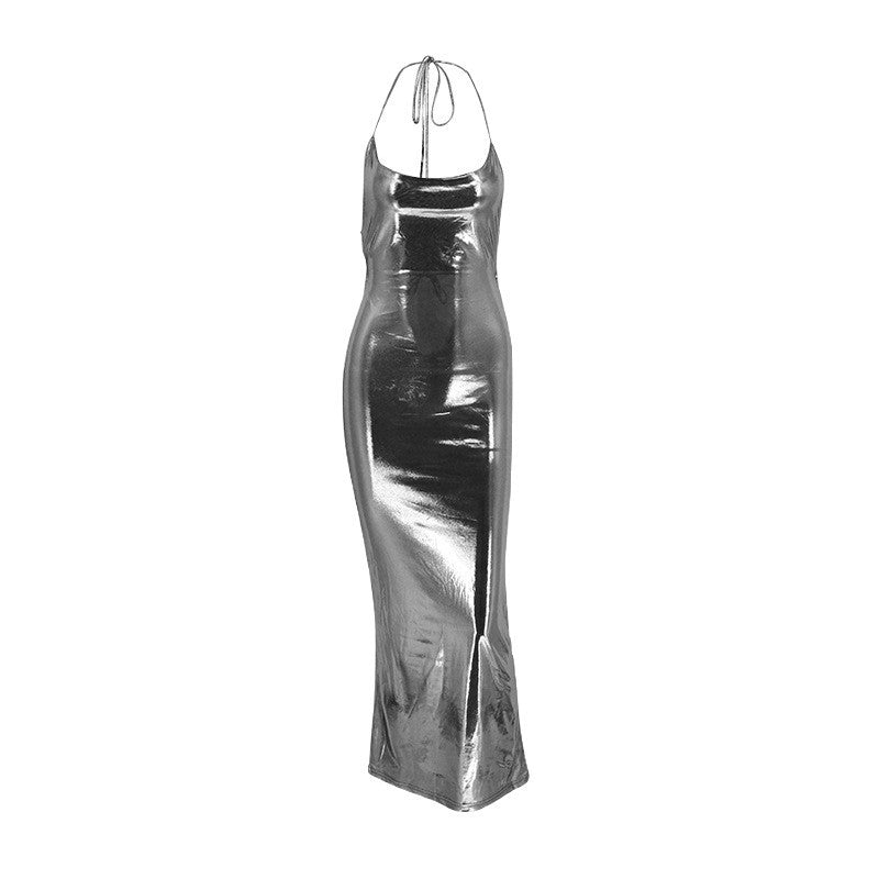 Metallic Bodycon Maxi Dress with Cowl Neck and Backless Detail