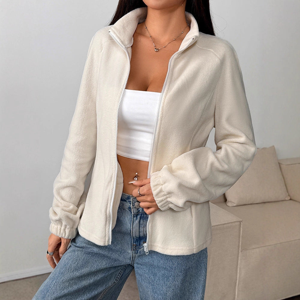 Slim Fit Zip-Up Fleece Jacket with Stand Collar