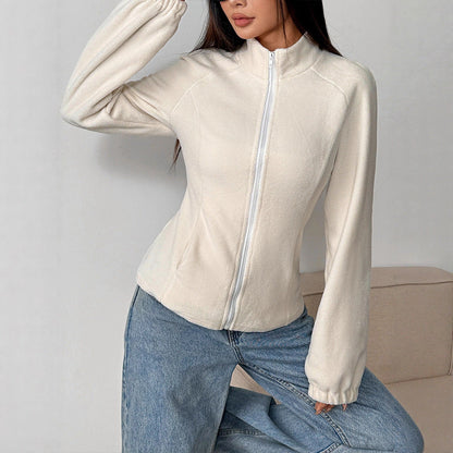 Slim Fit Zip-Up Fleece Jacket with Stand Collar