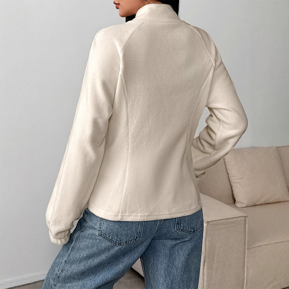 Slim Fit Zip-Up Fleece Jacket with Stand Collar
